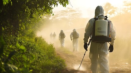 An outdoor scene depicting workers spraying insecticide to control mosquito populations with a space for safety or instructional text overlay
