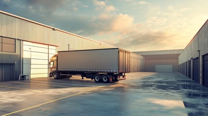 Obraz premium Several trucks are parked in the loading dock area of an industrial warehouse.