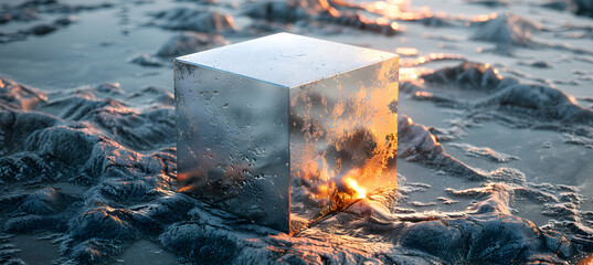 A 3D metallic cube resting on a sandy beach, with the texture of the sand visible in ultra-high definition