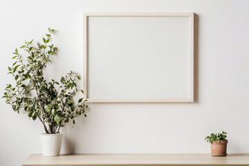 Fototapeta premium empty white wooden photo frame hanging on white wall