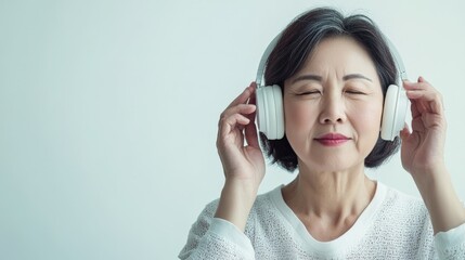 Fototapeta premium A woman is pictured enjoying music with white headphones on, eyes closed in deep connection, exuding tranquility and calmness, set against a light background.