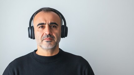 A man with facial hair, wearing black headphones and a black sweater, looking directly at the camera with a serious expression. The background is light-colored and plain.