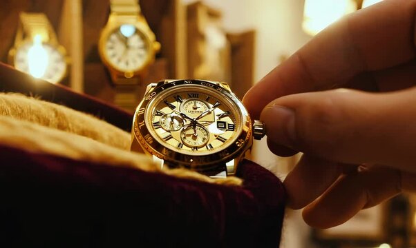 Close-up Examination of a Vintage Gold Watch in a Pawn Shop