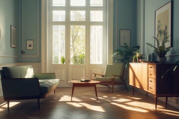 Interior image showing sofa, bookshelf, wooden floor, and panoramic window of living room. 3D rendering.