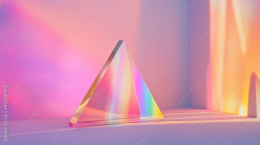 Aufkleber An abstract artistic image showcasing a pyramid-shaped prism reflecting brilliant rainbow colors on the surrounding walls, illustrating the enchanting interplay of light and angles.