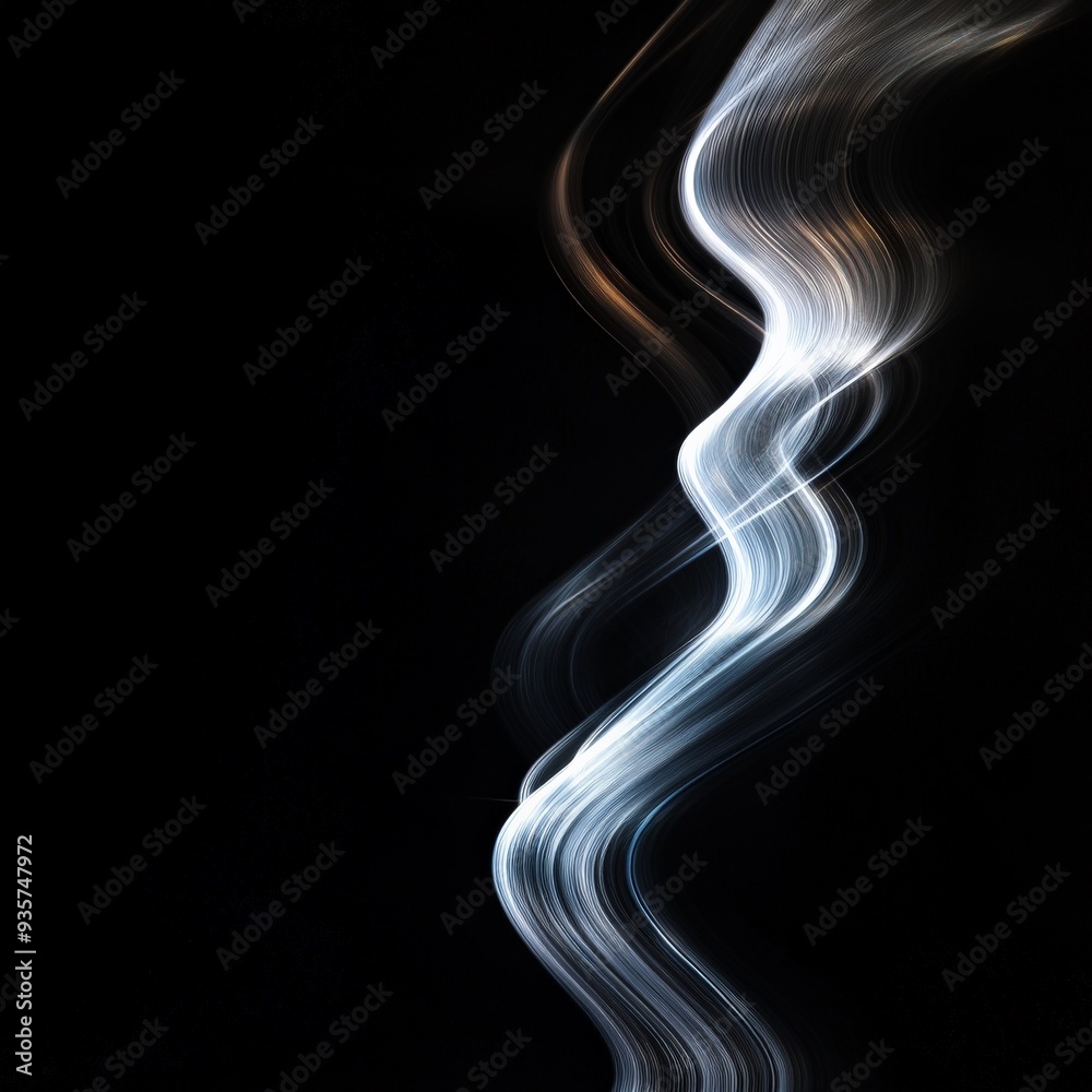 Aufkleber an elegant white light streak on a pitch-black background, forming a fluid, wavy pattern, representi