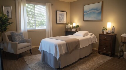 This cozy room setup features a massage bed and ambient lighting creating a relaxing atmosphere, perfect for unwinding and experiencing a peaceful, therapeutic environment.