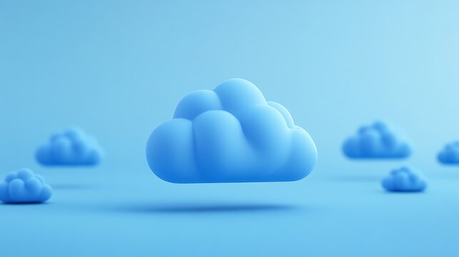 3D render of floating blue clouds on a blue background. Concept of cloud computing and technology. Modern digital illustration.