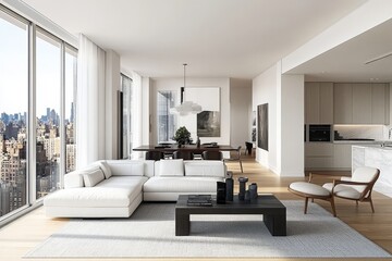 Interior of a modern home's living room with a sitting area, dining area, and window