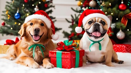 white and red cute dogs celebrating Christmas, Christmas Hats on their heads, with tow beautiful gift box, Christmas tree background , real photo, stock photography.