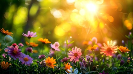 Sunlit Meadow with Vibrant Wildflowers and Bokeh