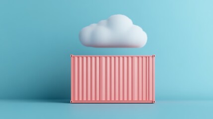 3D rendering of a pink shipping container with a cloud above it against a blue background. Minimalist design concept.