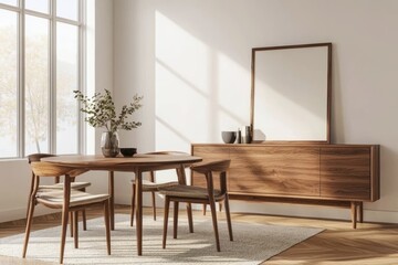 An interior with a dining table and drawer consisting of a stylized home living room.
