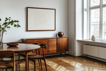 A stylish living room interior with a dining table and drawer, mockup of its frame