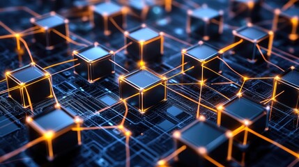 Obraz premium Close-up of glowing cubes connected by lines on a circuit board.