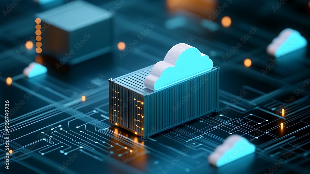 Poster 3d rendering of cloud computing technology with data servers and digital networks, highlighting data