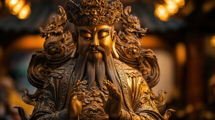 Obraz premium A majestic statue of the God of Fortune with intricate details illuminated by gentle light
