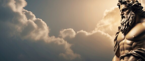 A Muscular Greek God Statue Against a Cloudy Sky