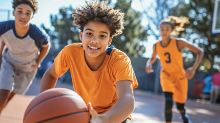 A young boy in an orange shirt is holding a basketball and smiling