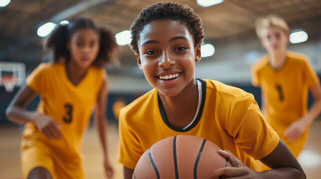 A young girl is holding a basketball and smiling