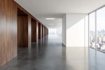 Fototapeta premium Modern living room with brown furniture, large windows and minimalist design. Bright atmosphere. 3D rendering of interior.