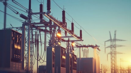 Electric power substation with transformers and high-voltage equipment, critical infrastructure, energy distribution, high solution.