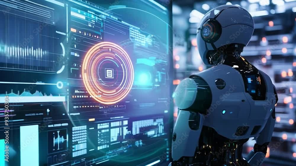 Poster a humanoid robot observes and interacts with a vibrant digital display filled with data and visualiz