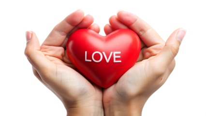 Hand holding red heart as love symbol isolated on transparent background. PNG