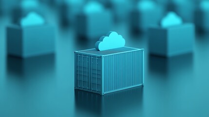 A 3D rendered image showing containerization technology and cloud computing concept with cloud icons on containers.
