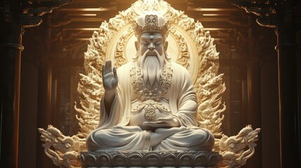 Fototapeta premium A peaceful depiction of the God of Fortune in a blessing pose with intricate details illuminated by gentle light