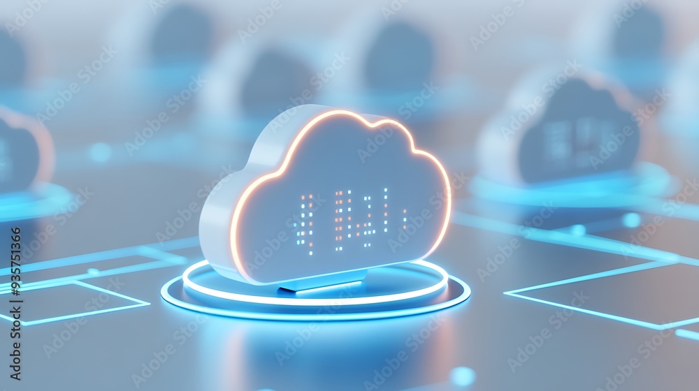 Poster a conceptual image of cloud computing technology, depicting digital cloud icons connected in a netwo