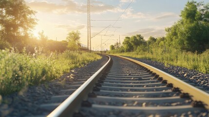 Fototapeta premium Electric train passing through a countryside landscape, focus on the overhead wires and tracks, clean transportation, scenic view.