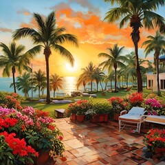 trees on the beach at sunset