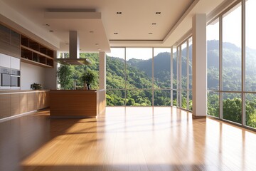 Obraz premium Interior of a wood-paneled home kitchen with a bar counter and a panoramic window