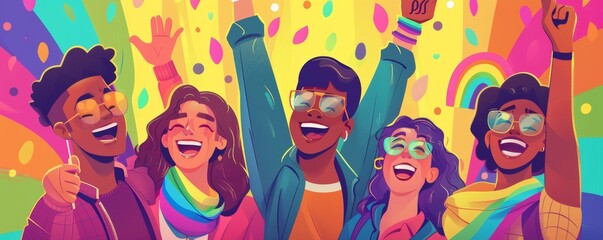 A group of people are smiling and holding rainbow flags