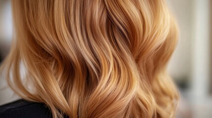 Obraz premium Soft, wavy hair in a striking copper hue flows gently, reflecting light in a bright salon environment.