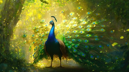 Obraz premium A peacock displaying its vibrant feathers in a lush green forest the colors shimmering in the light