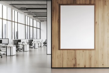 Obraz premium A mockup of an office room with eight tables arranged in a row and a panoramic window.