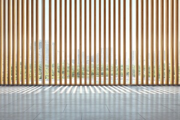 Wooden bathroom interior with glass shower and window. Empty space on the wall.