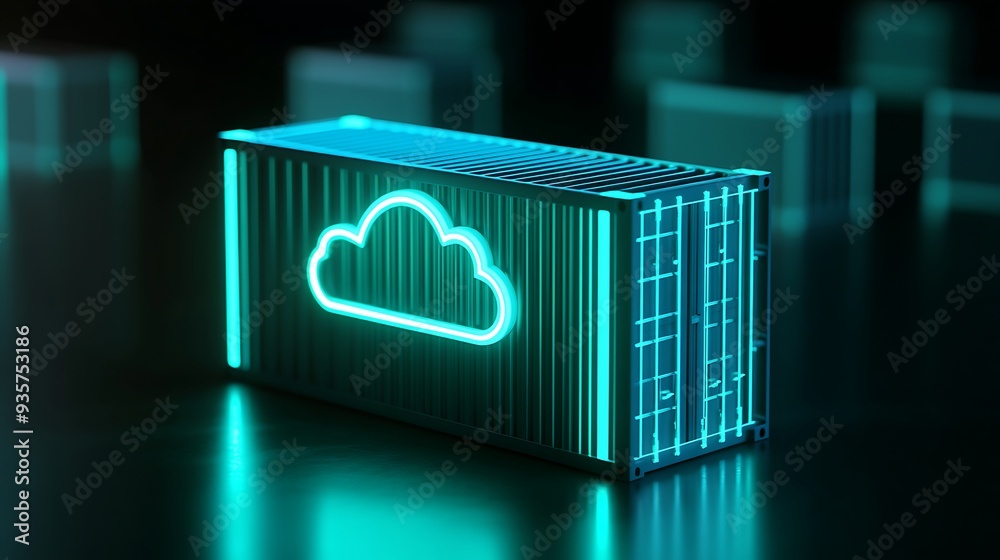 Poster a glowing digital container with a cloud emblem, representing cloud computing and data storage in fu