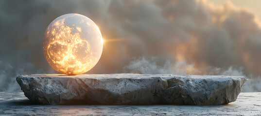 A close-up of a rough stone surface with a smooth 3D sphere hovering in front, illuminated by a single light source