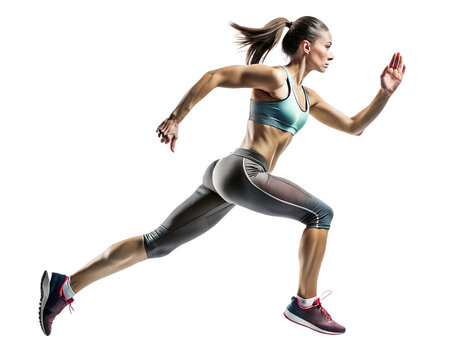 female athlete, running side view, solated, transparent background, AI generated	