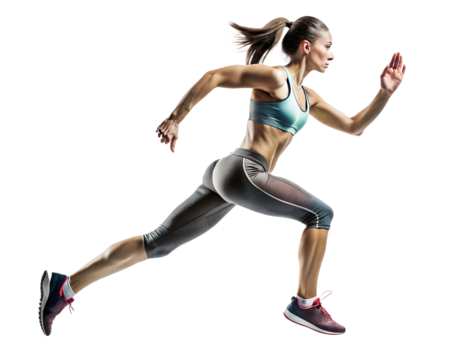 female athlete, running side view, solated, transparent background, AI generated	