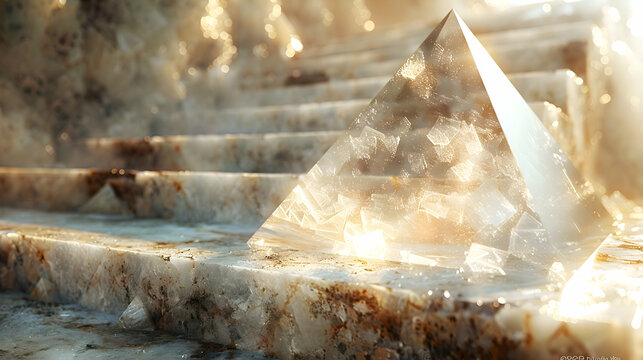 A close-up of a rough stone surface with a glassy 3D pyramid hovering just above