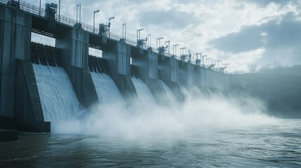 Large hydroelectric dam with water flowing powerfully, generating electricity, majestic landscape, mist rising from the water.