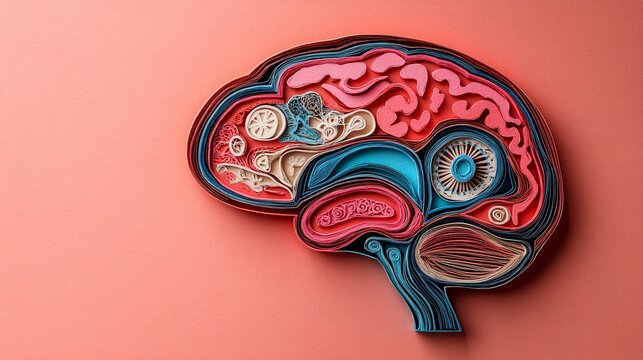 A paper cut illustration of a human brain with intricate layers and connections emphasizing the complexity and importance of brain health and neurology Stock Photo with copy space