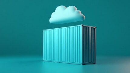 Abstract image of a shipping container with a floating cloud above, symbolizing cloud computing and storage. Blue background.