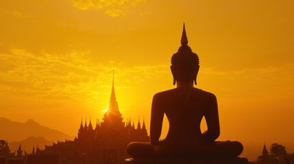 Obraz premium silhouette of a large golden buddha in the temperature zone high resolution photo yellow orange sharp focus colorful shaped canvas religious art serene atmosphere ancient Thai architecture looks towar