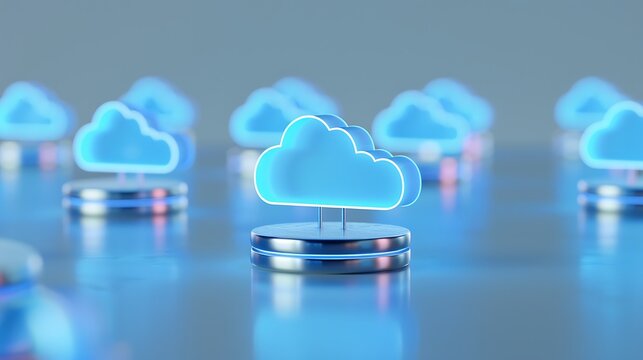 Abstract image of multiple glowing blue cloud icons on silver bases representing cloud computing and networking technology.
