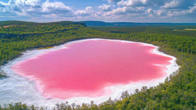 Hutt lagoon showing its vibrant pink colour surrounded by green vegetation